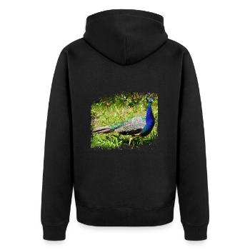 Der Pfau stammt ursprünglich aus Indien - Unisex Premium Bio Zip Hoodie - Schwarz - Hinten - Nico (187cm)