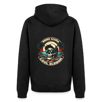Skull mit Basecap Sonnenbrille am Strand - Unisex Premium Bio Zip Hoodie - Schwarz - Hinten - Nico (187cm)
