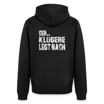 Der Klügere legt nach, Tekkno Shirt - Unisex Premium Bio Zip Hoodie - Schwarz - Hinten - Nico (187cm)