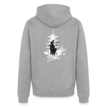 Samurai Krieger - Unisex Premium Bio Zip Hoodie - Grau meliert - Hinten - Nico (187cm)