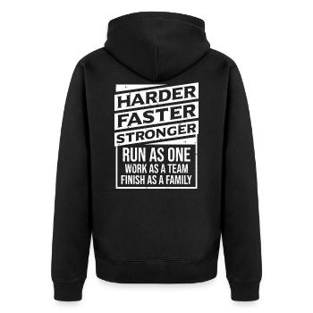 Harder Faster Stronger - Crosslauf Querfeldeinlauf - Unisex Premium Bio Zip Hoodie - Schwarz - Hinten - Nico (187cm)