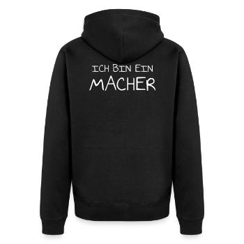 Ich bin ein Macher - Unisex Premium Bio Zip Hoodie - Schwarz - Hinten - Nico (187cm)