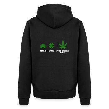 Normal Lucky Super Fucking Lucky - Unisex Premium Bio Zip Hoodie - Schwarz - Hinten - Nico (187cm)