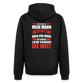 Mein Mann ist ein LKW-Fahrer - Unisex Premium Bio Zip Hoodie - Schwarz - Hinten - Nico (187cm)