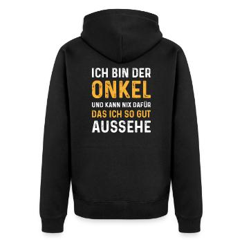 Ich bin der Onkel und sehe gut aus - Unisex Premium Bio Zip Hoodie - Schwarz - Hinten - Nico (187cm)