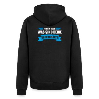 Ich bin Koch was sind deine Superkräfte - Unisex Premium Bio Zip Hoodie - Schwarz - Hinten - Nico (187cm)