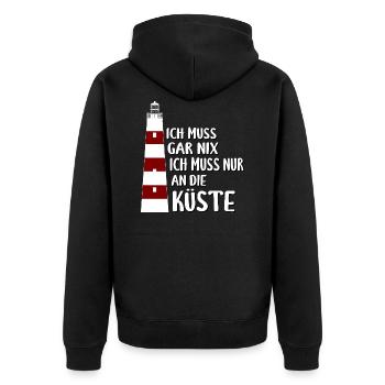 Ich muss gar nix, nur an die Küste - Leuchtturm - Unisex Premium Bio Zip Hoodie - Schwarz - Hinten - Nico (187cm)