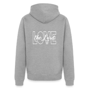 Christliche Klamotten & Love The Lord - Unisex Premium Bio Zip Hoodie - Grau meliert - Hinten - Nico (187cm)