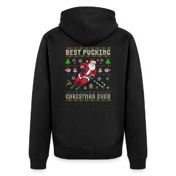 Lustiges Eishockey Ugly Christmas Weihnachten - Unisex Premium Bio Zip Hoodie - Schwarz - Hinten - Nico (187cm)