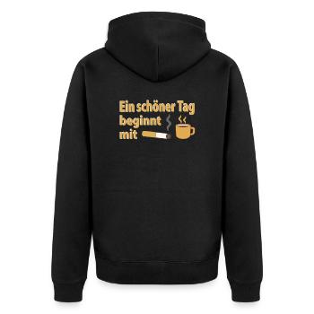 Ein schöner Tag beginnt mit Kaffee und Zigarette - Unisex Premium Bio Zip Hoodie - Schwarz - Hinten - Nico (187cm)
