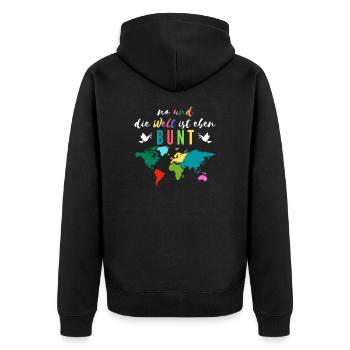 Na und, die Welt ist eben Bunt Spruch Design - Unisex Premium Bio Zip Hoodie - Schwarz - Hinten - Nico (187cm)