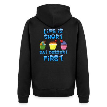 Life is short eat dessert first - Unisex Premium Bio Zip Hoodie - Schwarz - Hinten - Nico (187cm)