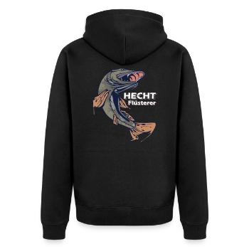 Hecht Flüsterer - Angler Geschenk Hechtangeln - Unisex Premium Bio Zip Hoodie - Schwarz - Hinten - Nico (187cm)