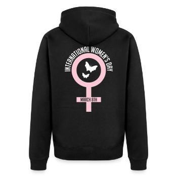 International Women's Day - 8 March - Unisex Premium Organic Zip Hoodie - black - Back - Nico (187cm)