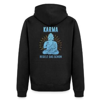 Witziges Karma Design - Karma regelt das schon - Unisex Premium Bio Zip Hoodie - Schwarz - Hinten - Nico (187cm)