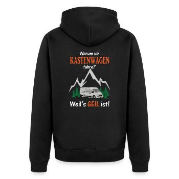 Warum ich Kastenwagen fahre? Weil's GEIL ist! - Unisex Premium Bio Zip Hoodie - Schwarz - Hinten - Nico (187cm)