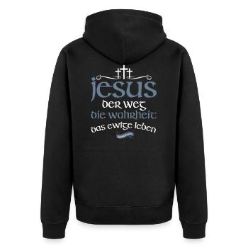 Jesus Christus Shirt Bibelvers Ich bin der Weg - Unisex Premium Bio Zip Hoodie - Schwarz - Hinten - Nico (187cm)