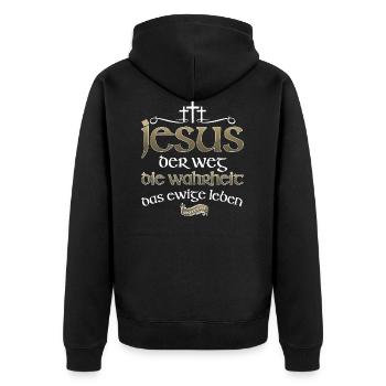 Jesus Christus Shirt Bibelvers Ich bin der Weg - Unisex Premium Bio Zip Hoodie - Schwarz - Hinten - Nico (187cm)