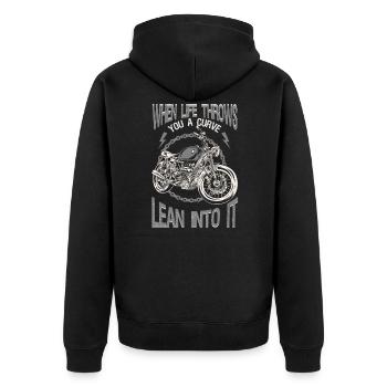 Life Throws Curve Lean Into It Motorräder Biker - Unisex Premium Bio Zip Hoodie - Schwarz - Hinten - Nico (187cm)