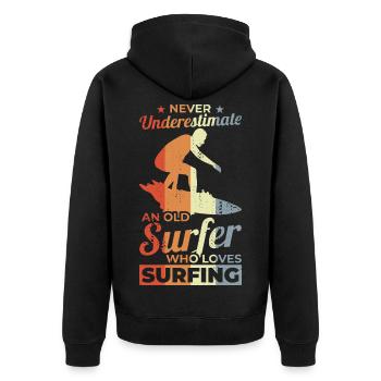 Unterschätze Sie nie einen alten Surfer - Unisex Premium Bio Zip Hoodie - Schwarz - Hinten - Nico (187cm)