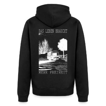 Leben braucht Freiheit Camping - Unisex Premium Bio Zip Hoodie - Schwarz - Hinten - Nico (187cm)
