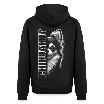 Portrait du Chihuahua avec lettrage vertical - Veste à capuche bio Premium Unisexe - noir - Dos - Nico (187cm)