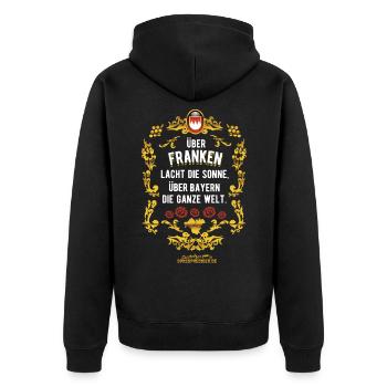 Franken Spruch Über Franken lacht die Sonne - Unisex Premium Bio Zip Hoodie - Schwarz - Hinten - Nico (187cm)