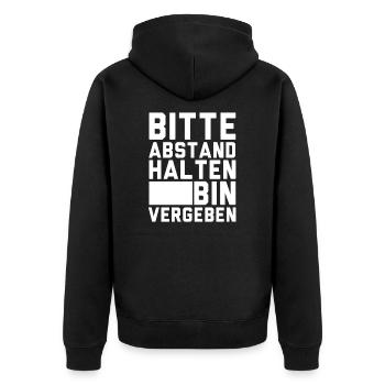 Bitte Abstand halten bin vergeben - Unisex Premium Bio Zip Hoodie - Schwarz - Hinten - Nico (187cm)