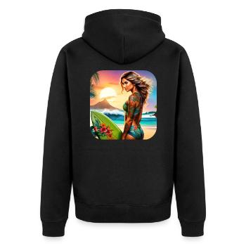 Sexy Surfer Girl am Strand mit Sonnenuntergang - Unisex Premium Bio Zip Hoodie - Schwarz - Hinten - Nico (187cm)