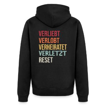 Verliebt verlobt verheiratet verletzt reset - Unisex Premium Bio Zip Hoodie - Schwarz - Hinten - Nico (187cm)