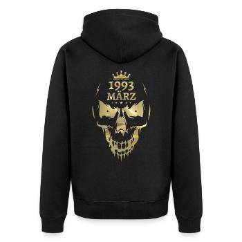 März 1993 Totenkopf Gold - Unisex Premium Bio Zip Hoodie - Schwarz - Hinten - Nico (187cm)