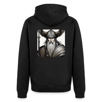Stolzer Wikinger Odin mit Raben Helm - Unisex Premium Bio Zip Hoodie - Schwarz - Hinten - Nico (187cm)