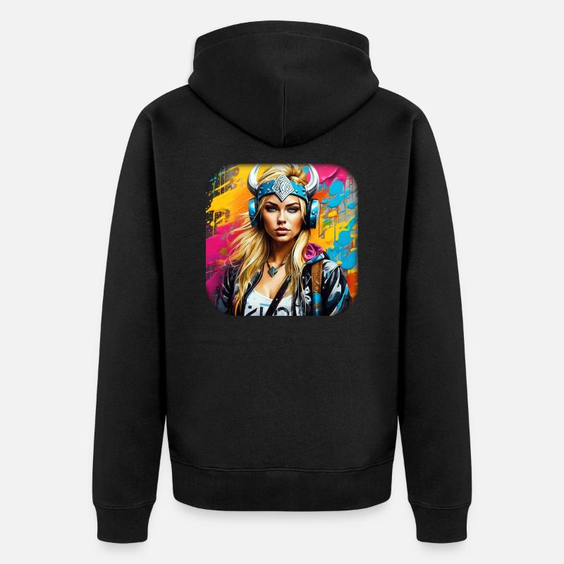 Moderne Wikingerin mit Kopfhörer - Unisex Premium Bio Zip Hoodie - Schwarz