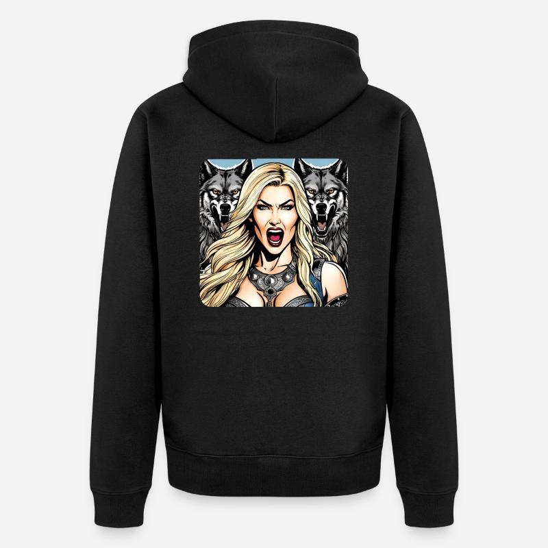 Wikinger Schildmaid mit Wölfe - Unisex Premium Bio Zip Hoodie - Schwarz