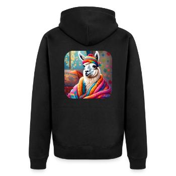 Cooles gemütliches Winter Lama - Unisex Premium Bio Zip Hoodie - Schwarz - Hinten - Nico (187cm)