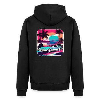 Cooles Auto mit Palmen im Sonnenuntergang III - Unisex Premium Bio Zip Hoodie - Schwarz - Hinten - Nico (187cm)