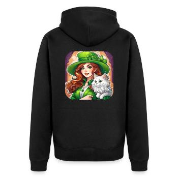 Saint Patricks Day Koboldin mit Katze - Unisex Premium Bio Zip Hoodie - Schwarz - Hinten - Nico (187cm)