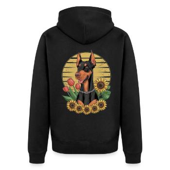Doberman Pinscher with Sunflowers and Tulips - Unisex Premium Organic Zip Hoodie - black - Back - Nico (187cm)