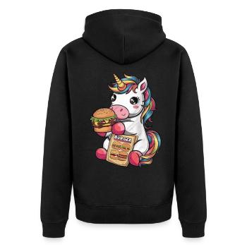 Kawaii Einhorn isst Hamburger - Unisex Premium Bio Zip Hoodie - Schwarz - Hinten - Nico (187cm)