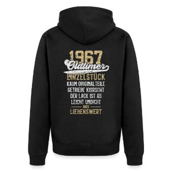 LUSTIG 59. GEBURTSTAG OLDTIMER 1967 EINZELSTÜCK - Unisex Premium Bio Zip Hoodie - Schwarz - Hinten - Nico (187cm)
