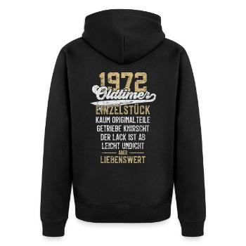LUSTIG 54. GEBURTSTAG OLDTIMER 1972 EINZELSTÜCK - Unisex Premium Bio Zip Hoodie - Schwarz - Hinten - Nico (187cm)