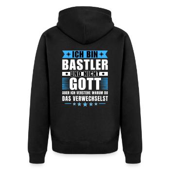 Ich bin Bastler und nicht Gott - Unisex Premium Bio Zip Hoodie - Schwarz - Hinten - Nico (187cm)