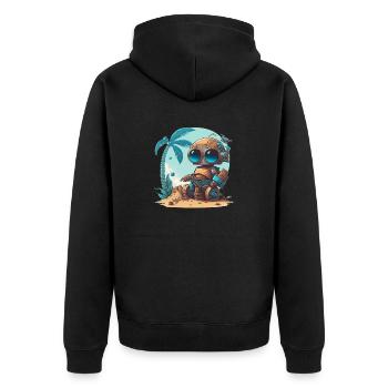 Ein kleiner Roboter am Strand unter einer Palme - Unisex Premium Bio Zip Hoodie - Schwarz - Hinten - Nico (187cm)