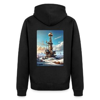 Paysage d’hiver steampunk avec tour radio 1.2 - Veste à capuche bio Premium Unisexe - noir - Dos - Nico (187cm)