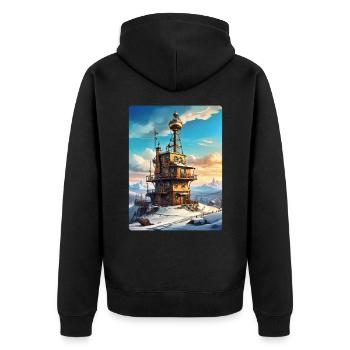 Paysage d’hiver steampunk avec tour radio 1.4 - Veste à capuche bio Premium Unisexe - noir - Dos - Nico (187cm)