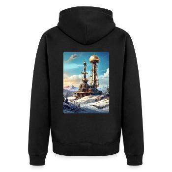 Paysage d’hiver steampunk avec tour radio 1.8 - Veste à capuche bio Premium Unisexe - noir - Dos - Nico (187cm)