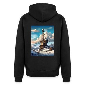 Paysage d’hiver steampunk avec tour radio 1.11 - Veste à capuche bio Premium Unisexe - noir - Dos - Nico (187cm)
