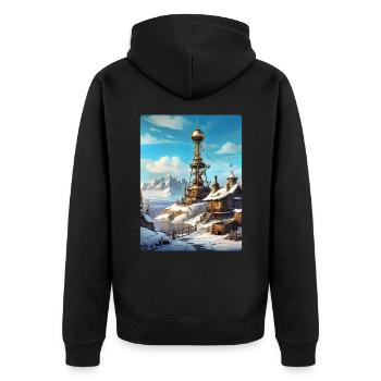 Paysage d’hiver steampunk avec tour radio 1.7 - Veste à capuche bio Premium Unisexe - noir - Dos - Nico (187cm)