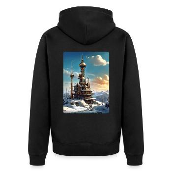 Paysage d’hiver steampunk avec tour radio 1.12 - Veste à capuche bio Premium Unisexe - noir - Dos - Nico (187cm)