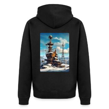 Paysage d’hiver steampunk avec tour radio 1.15 - Veste à capuche bio Premium Unisexe - noir - Dos - Nico (187cm)